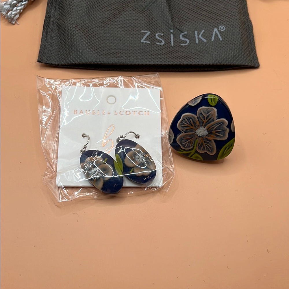 Artsy Blue Floral Resin Earrings and Ring Set